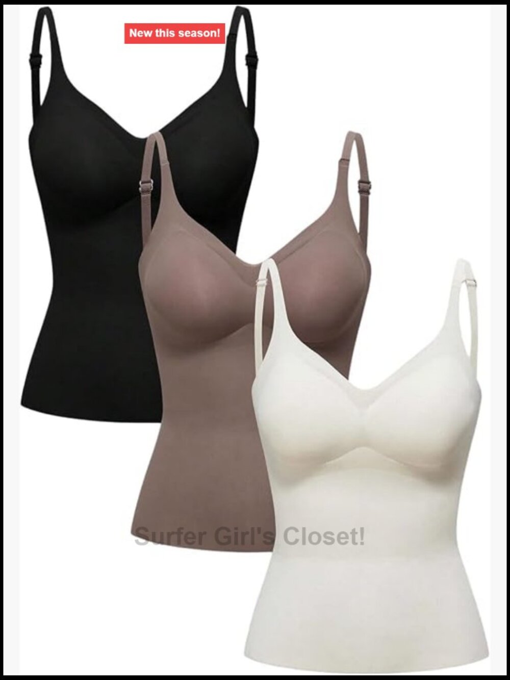 3 Pack Fitted Cami Tops with Built In Bra Adjustable Strap V-Neck Sleeveless